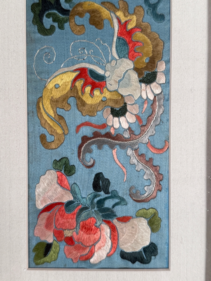 Just Added - Antique Chinese Qing Dynasty Light Blue Silk Embroidery Sleeve Bands Forbidden Stitch Peony Large Butterflies Custom Framed 19th Century 4' X 16' Framed: 17.5' X 26' [Photo 7]