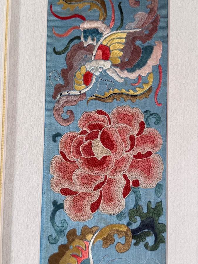 Just Added - Antique Chinese Qing Dynasty Light Blue Silk Embroidery Sleeve Bands Forbidden Stitch Peony Large Butterflies Custom Framed 19th Century 4' X 16' Framed: 17.5' X 26' [Photo 5]