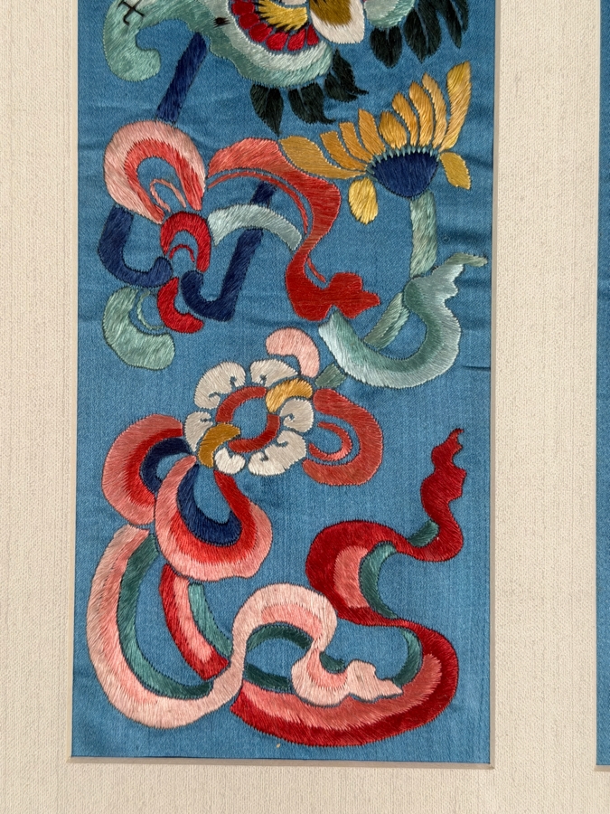 Just Added - Antique Chinese Qing Dynasty Light Blue Silk Embroidery Sleeve Bands Peking Knot Peony Flowers Butterflies Custom Framed 19th Century 4' X 15.5' Framed: 18' X 25' [Photo 4]