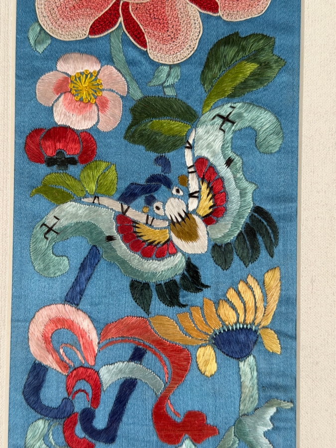 Just Added - Antique Chinese Qing Dynasty Light Blue Silk Embroidery Sleeve Bands Peking Knot Peony Flowers Butterflies Custom Framed 19th Century 4' X 15.5' Framed: 18' X 25' [Photo 3]