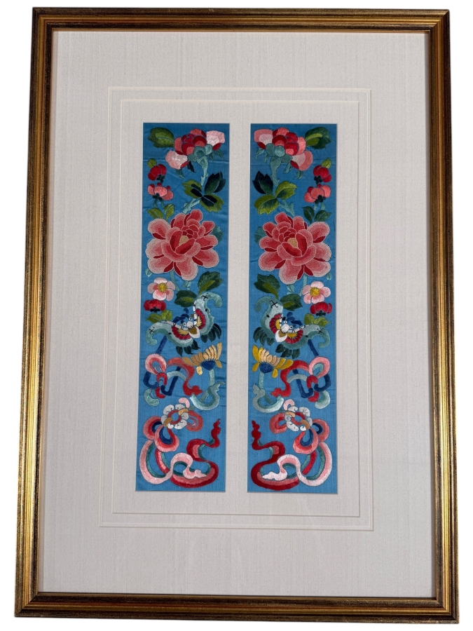 Just Added - Antique Chinese Qing Dynasty Light Blue Silk Embroidery Sleeve Bands Peking Knot Peony Flowers Butterflies Custom Framed 19th Century 4' X 15.5' Framed: 18' X 25' [Photo 2]