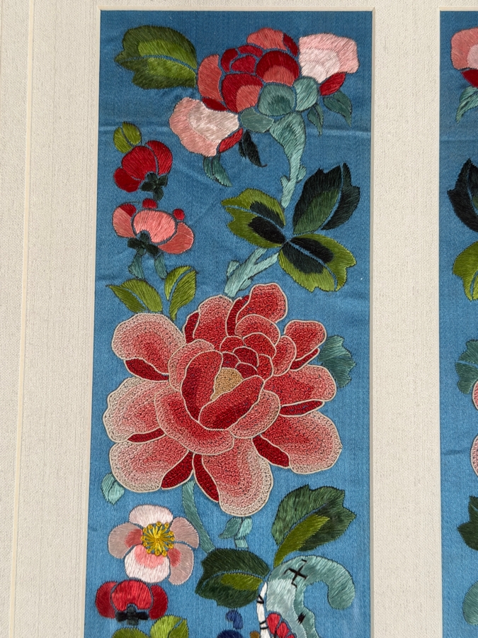 Just Added - Antique Chinese Qing Dynasty Light Blue Silk Embroidery Sleeve Bands Peking Knot Peony Flowers Butterflies Custom Framed 19th Century 4' X 15.5' Framed: 18' X 25' [Photo 5]