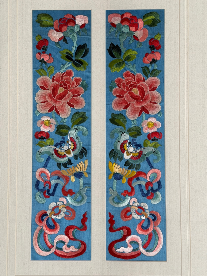 Just Added - Antique Chinese Qing Dynasty Light Blue Silk Embroidery Sleeve Bands Peking Knot Peony Flowers Butterflies Custom Framed 19th Century 4' X 15.5' Framed: 18' X 25'
