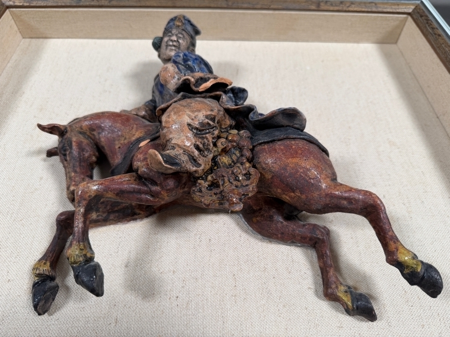 Just Added - Antique Chinese Sancai Glazed Pottery Figural Roof Tile Scholar On Horseback Custom Mounted Shadow Box Late Qing Dynasty Horse Missing Tail 12' X 11' Framed: 20' X 17' [Photo 3]