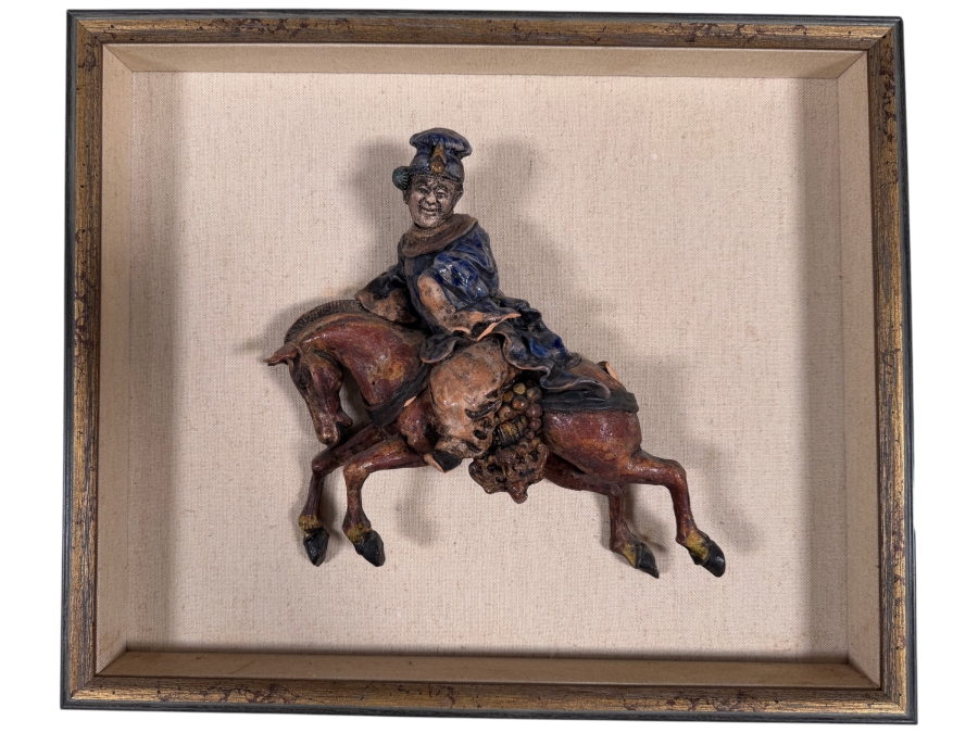 Just Added - Antique Chinese Sancai Glazed Pottery Figural Roof Tile Scholar On Horseback Custom Mounted Shadow Box Late Qing Dynasty Horse Missing Tail 12' X 11' Framed: 20' X 17'