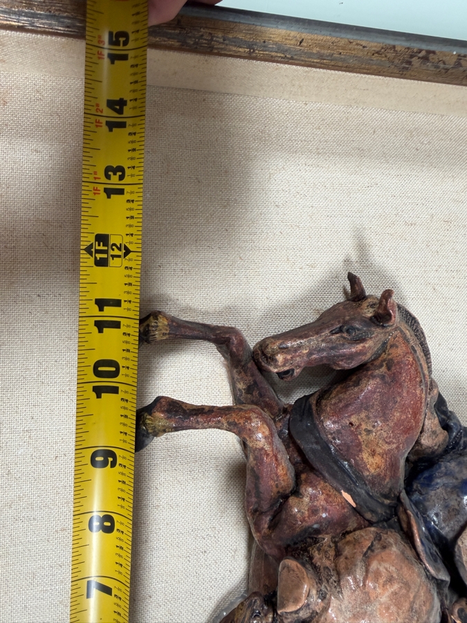 Just Added - Antique Chinese Sancai Glazed Pottery Figural Roof Tile Scholar On Horseback Custom Mounted Shadow Box Late Qing Dynasty Horse Missing Tail 12' X 11' Framed: 20' X 17' [Photo 7]