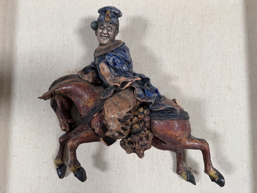 Just Added - Antique Chinese Sancai Glazed Pottery Figural Roof Tile Scholar On Horseback Custom Mounted Shadow Box Late Qing Dynasty Horse Missing Tail 12' X 11' Framed: 20' X 17' [Photo 2]