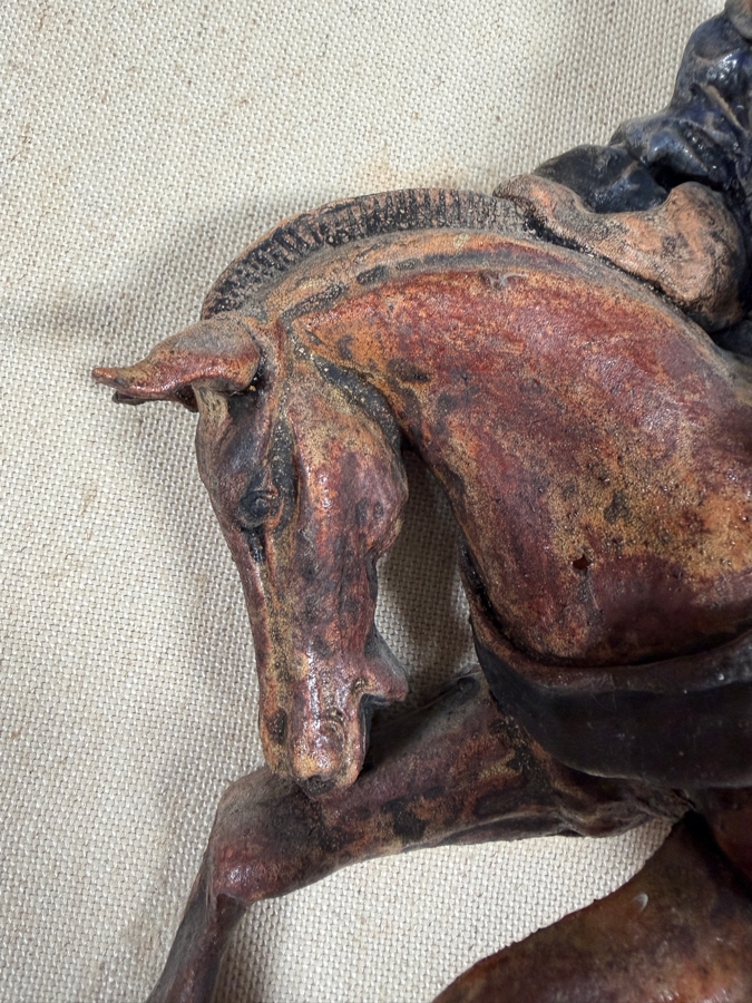 Just Added - Antique Chinese Sancai Glazed Pottery Figural Roof Tile Scholar On Horseback Custom Mounted Shadow Box Late Qing Dynasty Horse Missing Tail 12' X 11' Framed: 20' X 17' [Photo 5]