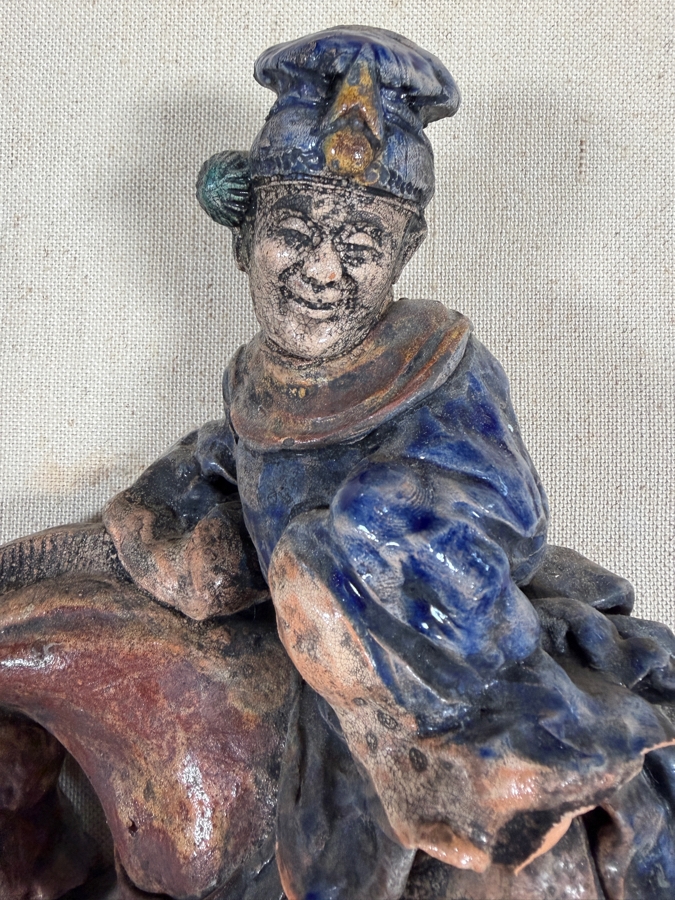 Just Added - Antique Chinese Sancai Glazed Pottery Figural Roof Tile Scholar On Horseback Custom Mounted Shadow Box Late Qing Dynasty Horse Missing Tail 12' X 11' Framed: 20' X 17' [Photo 4]