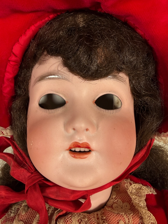 Just Added - Antique German Bisque Socket Head Character Girl Doll Open Mouth, Red Velvet Dress, Lace Trim Bonnet - Eyes Have Fallen Out of Place 24'H [Photo 2]