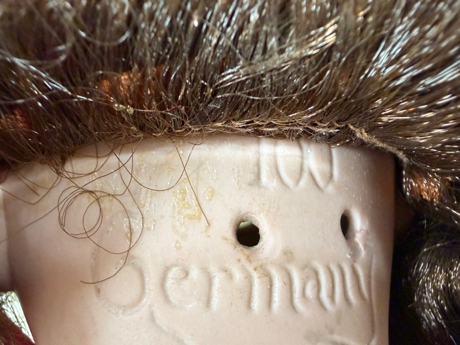 Just Added - Antique German Bisque Socket Head Character Girl Doll Open Mouth, Red Velvet Dress, Lace Trim Bonnet - Eyes Have Fallen Out of Place 24'H [Photo 6]