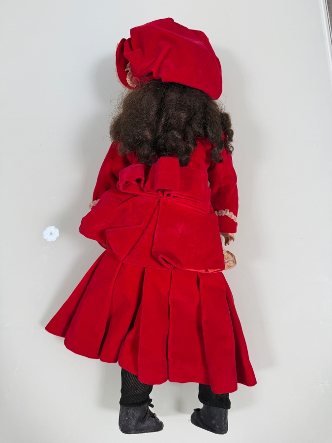 Just Added - Antique German Bisque Socket Head Character Girl Doll Open Mouth, Red Velvet Dress, Lace Trim Bonnet - Eyes Have Fallen Out of Place 24'H [Photo 5]