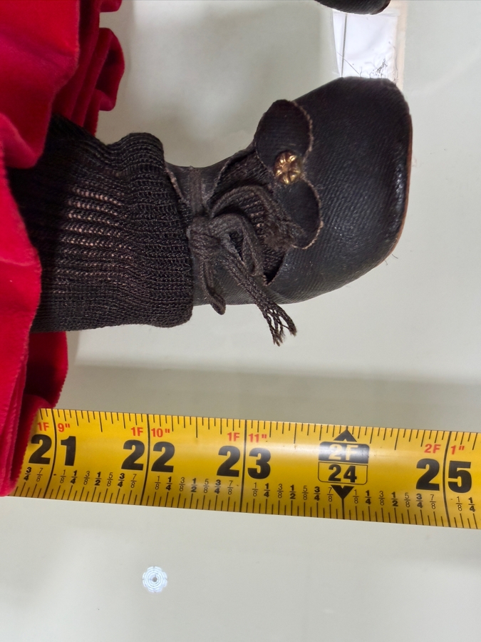 Just Added - Antique German Bisque Socket Head Character Girl Doll Open Mouth, Red Velvet Dress, Lace Trim Bonnet - Eyes Have Fallen Out of Place 24'H [Photo 7]