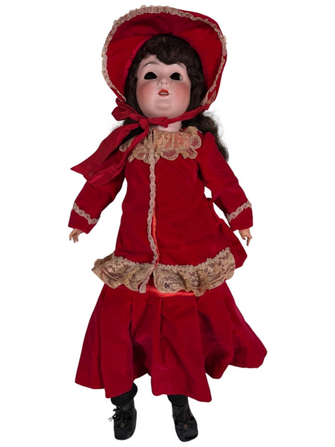 Just Added - Antique German Bisque Socket Head Character Girl Doll Open Mouth, Red Velvet Dress, Lace Trim Bonnet - Eyes Have Fallen Out of Place 24'H
