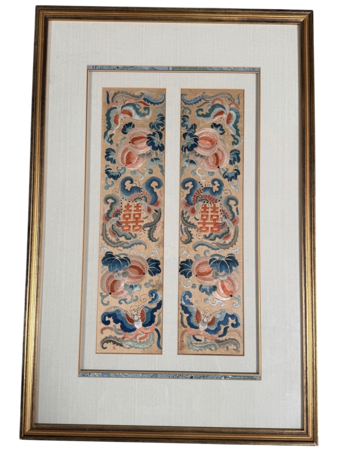 Just Added - Antique Chinese Silk Embroidery Double Happiness Wedding Sleeve Bands Peaches And Bats Custom Framed Qing Dynasty Late 19th Century 4' X 18' Framed: 18' X 28' [Photo 2]