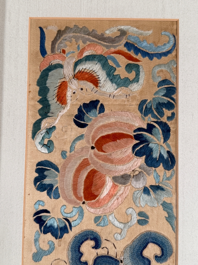 Just Added - Antique Chinese Silk Embroidery Double Happiness Wedding Sleeve Bands Peaches And Bats Custom Framed Qing Dynasty Late 19th Century 4' X 18' Framed: 18' X 28' [Photo 6]