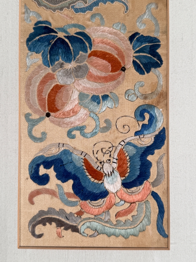 Just Added - Antique Chinese Silk Embroidery Double Happiness Wedding Sleeve Bands Peaches And Bats Custom Framed Qing Dynasty Late 19th Century 4' X 18' Framed: 18' X 28' [Photo 4]