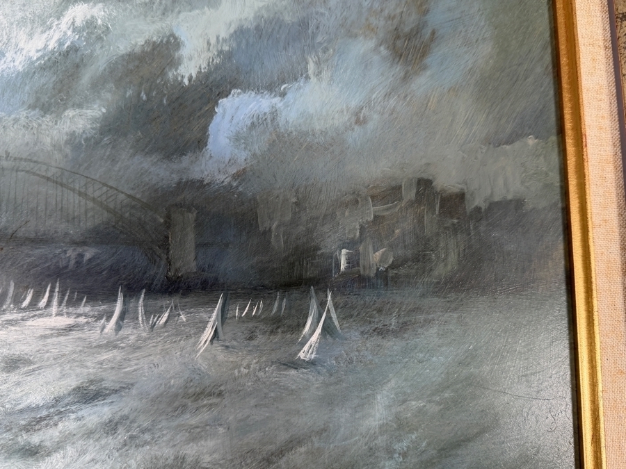 Just Added - Carl Stringfellow Original Oil Painting On Board Stormclouds Over Sydney Opera House And Harbour Bridge Sailboats Vintage Gilt Frame 20' X 18' Framed: 26' X 24' [Photo 7]