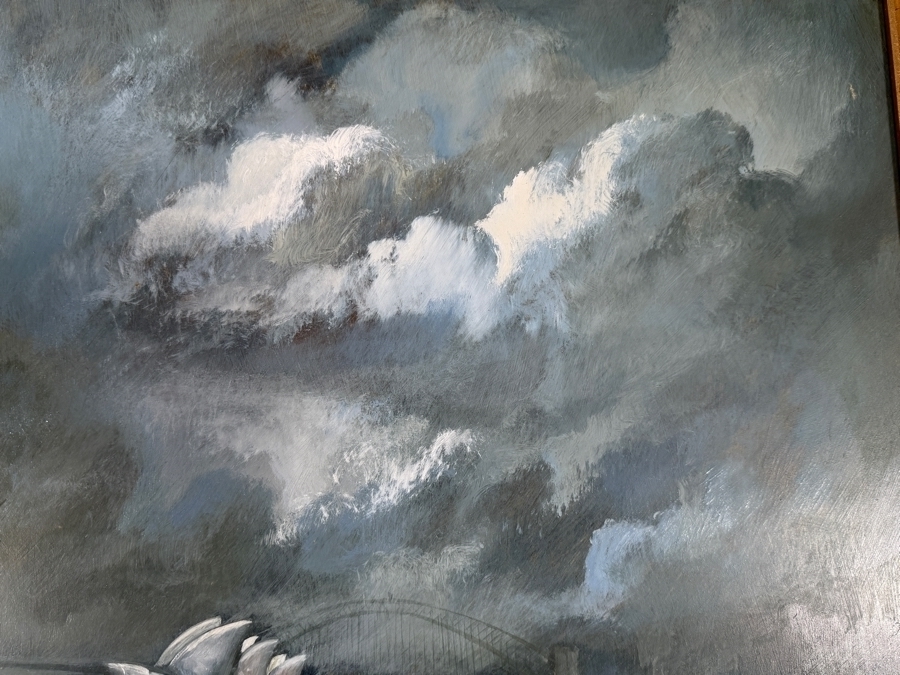 Just Added - Carl Stringfellow Original Oil Painting On Board Stormclouds Over Sydney Opera House And Harbour Bridge Sailboats Vintage Gilt Frame 20' X 18' Framed: 26' X 24' [Photo 11]
