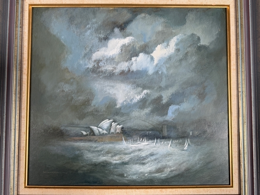 Just Added - Carl Stringfellow Original Oil Painting On Board Stormclouds Over Sydney Opera House And Harbour Bridge Sailboats Vintage Gilt Frame 20' X 18' Framed: 26' X 24' [Photo 4]