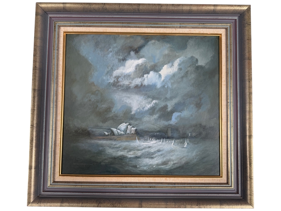 Just Added - Carl Stringfellow Original Oil Painting On Board Stormclouds Over Sydney Opera House And Harbour Bridge Sailboats Vintage Gilt Frame 20' X 18' Framed: 26' X 24'