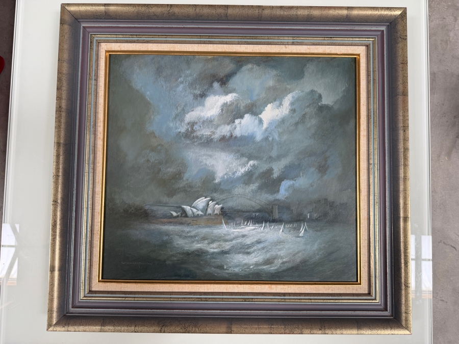 Just Added - Carl Stringfellow Original Oil Painting On Board Stormclouds Over Sydney Opera House And Harbour Bridge Sailboats Vintage Gilt Frame 20' X 18' Framed: 26' X 24' [Photo 2]