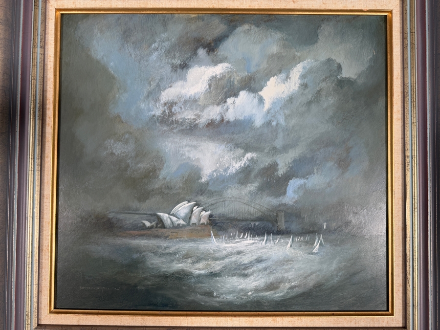 Just Added - Carl Stringfellow Original Oil Painting On Board Stormclouds Over Sydney Opera House And Harbour Bridge Sailboats Vintage Gilt Frame 20' X 18' Framed: 26' X 24' [Photo 3]
