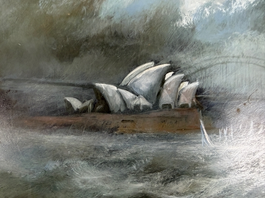 Just Added - Carl Stringfellow Original Oil Painting On Board Stormclouds Over Sydney Opera House And Harbour Bridge Sailboats Vintage Gilt Frame 20' X 18' Framed: 26' X 24' [Photo 10]