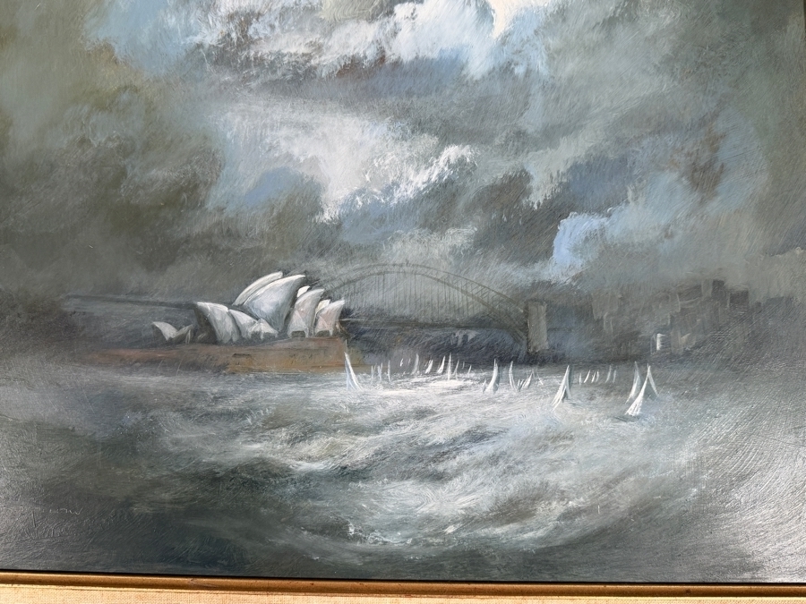 Just Added - Carl Stringfellow Original Oil Painting On Board Stormclouds Over Sydney Opera House And Harbour Bridge Sailboats Vintage Gilt Frame 20' X 18' Framed: 26' X 24' [Photo 5]