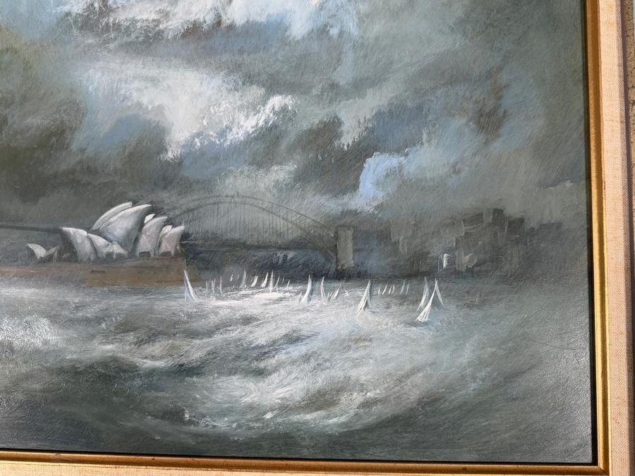 Just Added - Carl Stringfellow Original Oil Painting On Board Stormclouds Over Sydney Opera House And Harbour Bridge Sailboats Vintage Gilt Frame 20' X 18' Framed: 26' X 24' [Photo 6]