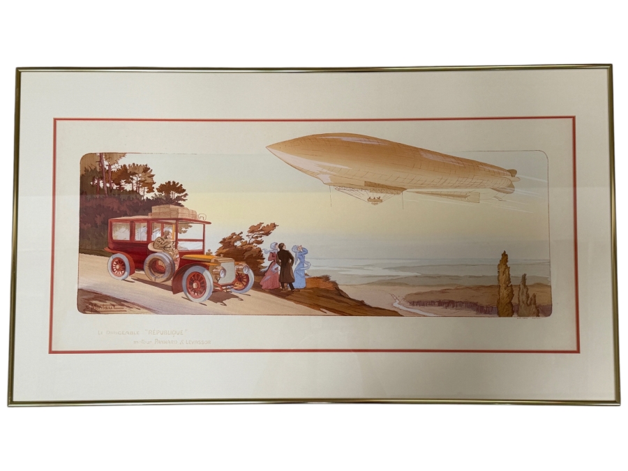 Just Added - Ernest Montaut Antique French Pochoir Lithograph Le Dirigeable Republique Moteur Panhard Levassor Plate Signed MM Paris 1908 35' X 16' Framed: 40' X 23'