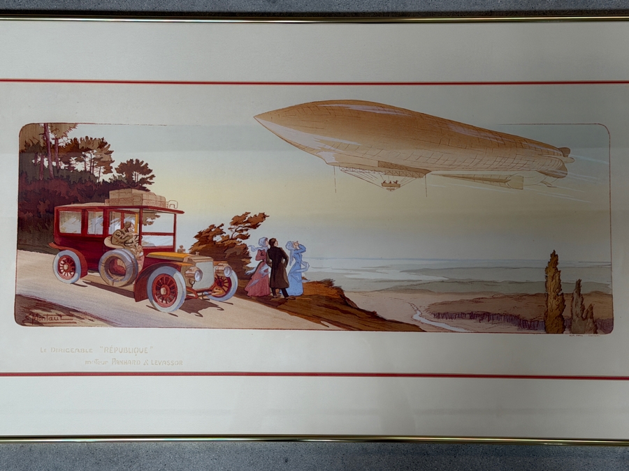 Just Added - Ernest Montaut Antique French Pochoir Lithograph Le Dirigeable Republique Moteur Panhard Levassor Plate Signed MM Paris 1908 35' X 16' Framed: 40' X 23' [Photo 2]