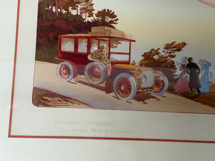Just Added - Ernest Montaut Antique French Pochoir Lithograph Le Dirigeable Republique Moteur Panhard Levassor Plate Signed MM Paris 1908 35' X 16' Framed: 40' X 23' [Photo 5]