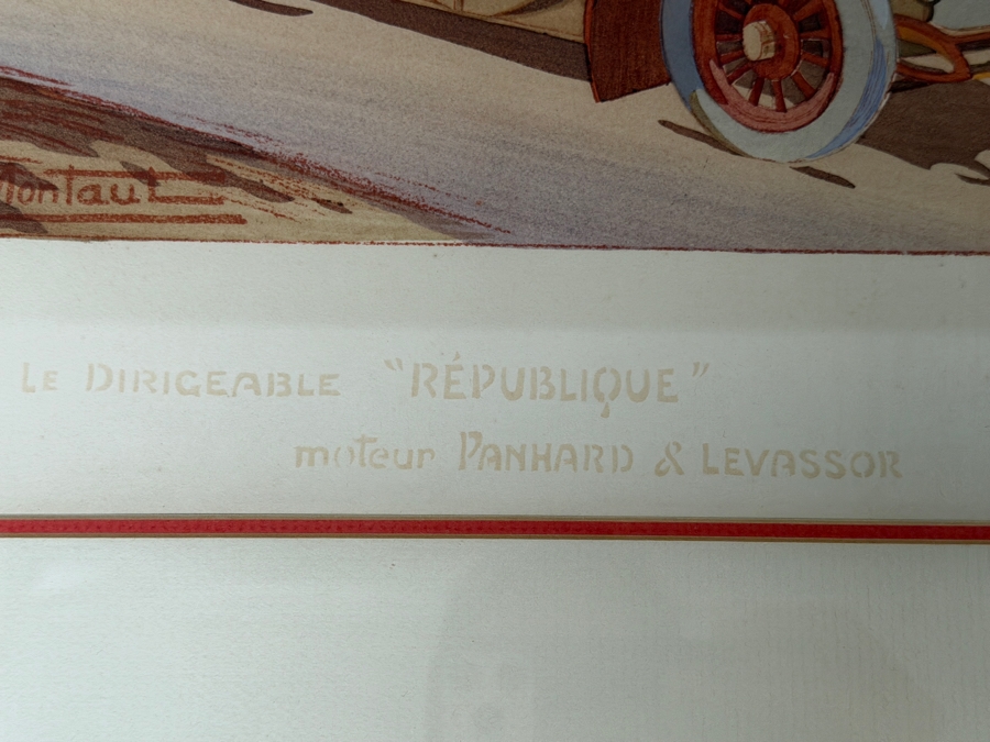 Just Added - Ernest Montaut Antique French Pochoir Lithograph Le Dirigeable Republique Moteur Panhard Levassor Plate Signed MM Paris 1908 35' X 16' Framed: 40' X 23' [Photo 11]