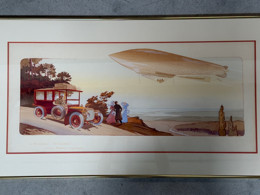 Just Added - Ernest Montaut Antique French Pochoir Lithograph Le Dirigeable Republique Moteur Panhard Levassor Plate Signed MM Paris 1908 35' X 16' Framed: 40' X 23' [Photo 3]