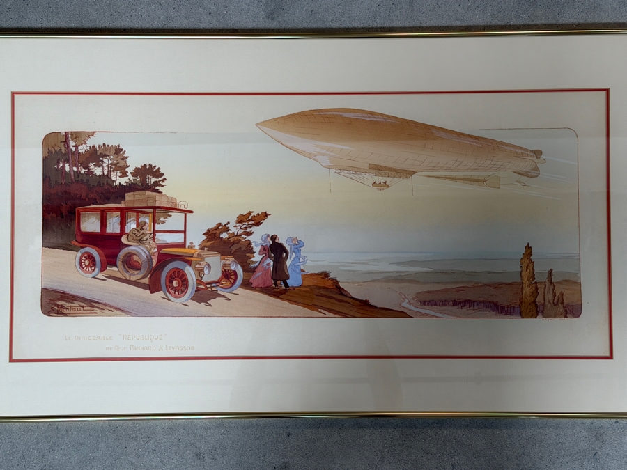 Just Added - Ernest Montaut Antique French Pochoir Lithograph Le Dirigeable Republique Moteur Panhard Levassor Plate Signed MM Paris 1908 35' X 16' Framed: 40' X 23' [Photo 4]