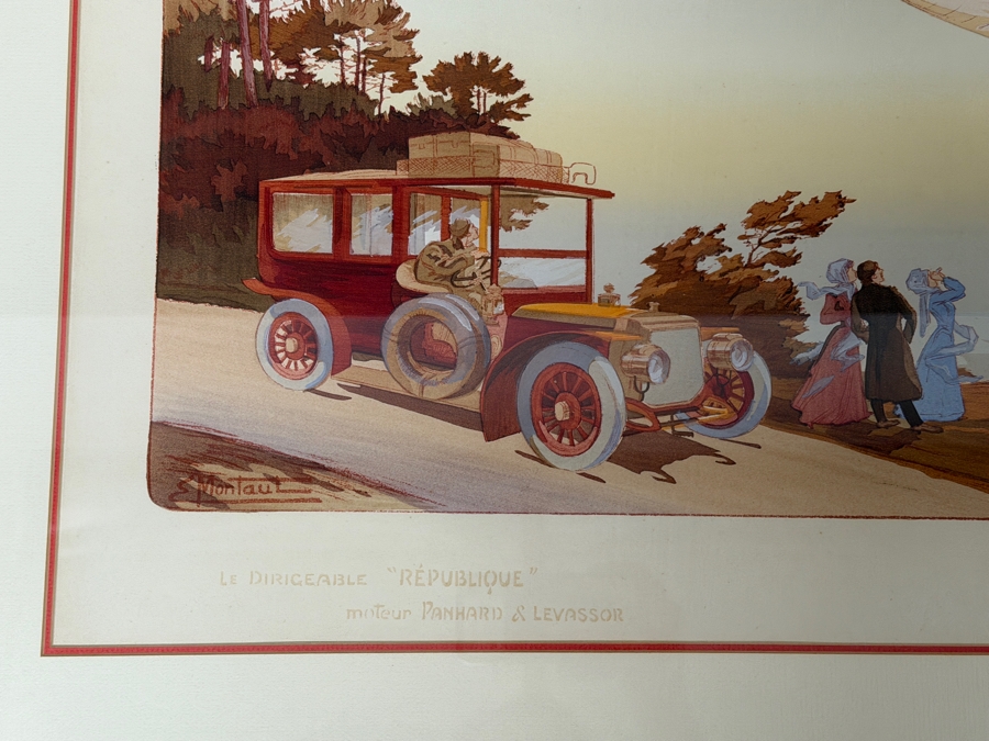 Just Added - Ernest Montaut Antique French Pochoir Lithograph Le Dirigeable Republique Moteur Panhard Levassor Plate Signed MM Paris 1908 35' X 16' Framed: 40' X 23' [Photo 6]