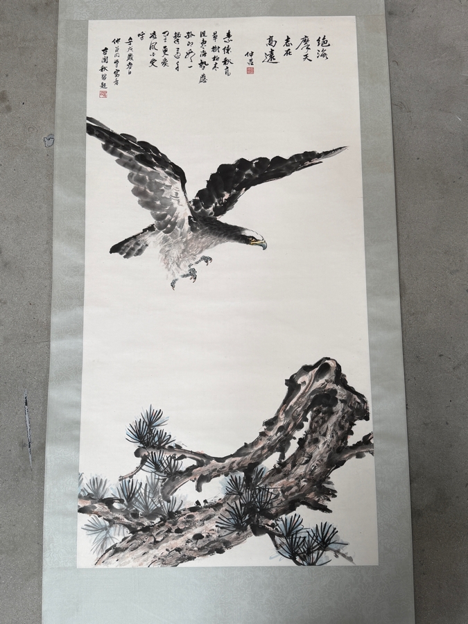Just Added - Vintage Chinese Hanging Scroll Painting Eagle In Flight Over Pine Tree Branch Ink And Color On Paper Silk Mount 27' X 53'