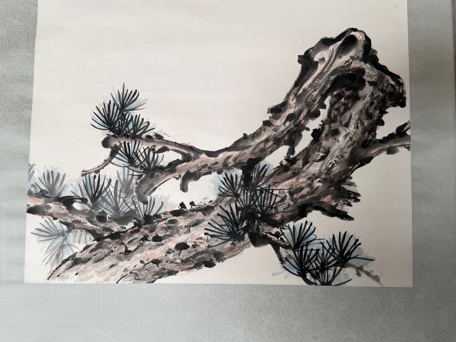 Just Added - Vintage Chinese Hanging Scroll Painting Eagle In Flight Over Pine Tree Branch Ink And Color On Paper Silk Mount 27' X 53' [Photo 11]