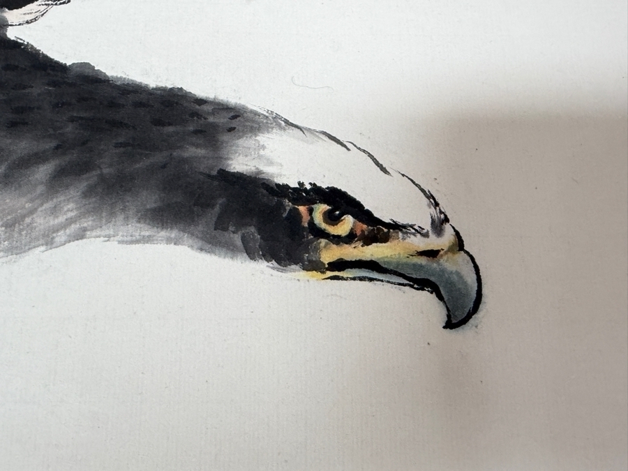 Just Added - Vintage Chinese Hanging Scroll Painting Eagle In Flight Over Pine Tree Branch Ink And Color On Paper Silk Mount 27' X 53' [Photo 5]