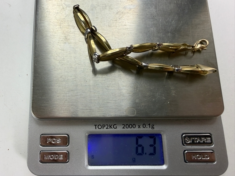Just Added - Vintage Two Tone 10K Yellow Gold Panel Link Bracelet Textured White Gold Accents Lobster Clasp 7'L Total Weight 6.3g [Photo 6]