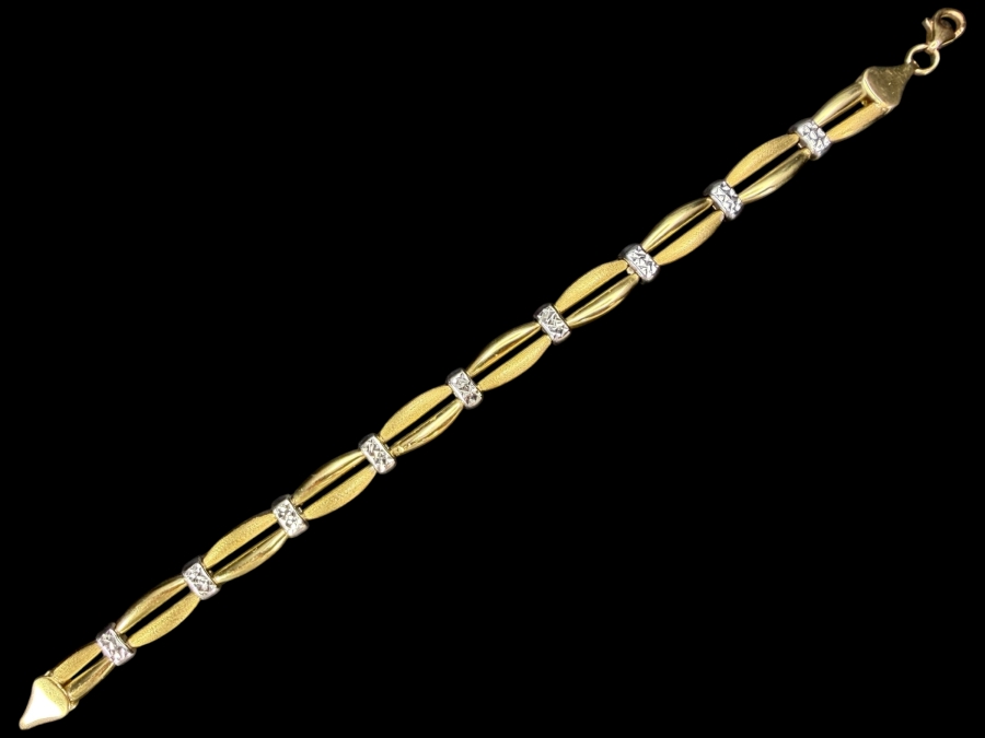 Just Added - Vintage Two Tone 10K Yellow Gold Panel Link Bracelet Textured White Gold Accents Lobster Clasp 7'L Total Weight 6.3g