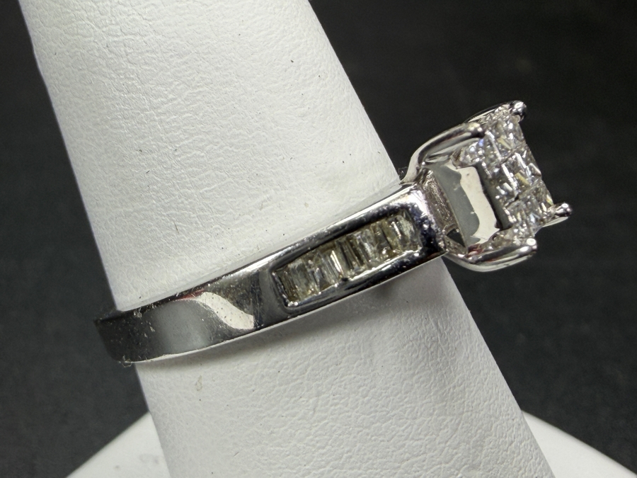 Just Added - Women's 14K White Gold Princess Cut Diamond Cluster Ring With Channel Set Baguette Shoulders Size 7.25 Total Weight 4.0g [Photo 3]