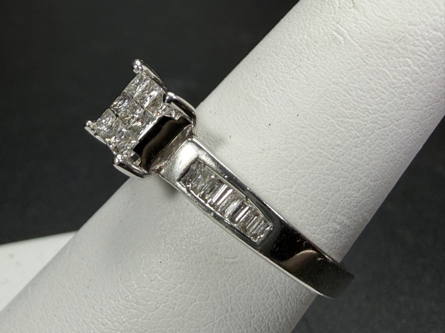 Just Added - Women's 14K White Gold Princess Cut Diamond Cluster Ring With Channel Set Baguette Shoulders Size 7.25 Total Weight 4.0g [Photo 5]