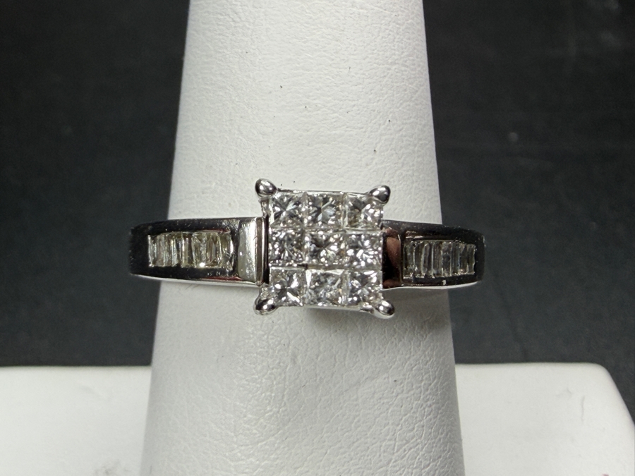 Just Added - Women's 14K White Gold Princess Cut Diamond Cluster Ring With Channel Set Baguette Shoulders Size 7.25 Total Weight 4.0g [Photo 4]