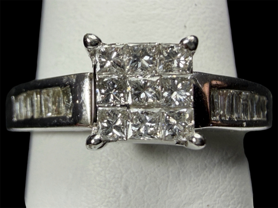 Just Added - Women's 14K White Gold Princess Cut Diamond Cluster Ring With Channel Set Baguette Shoulders Size 7.25 Total Weight 4.0g