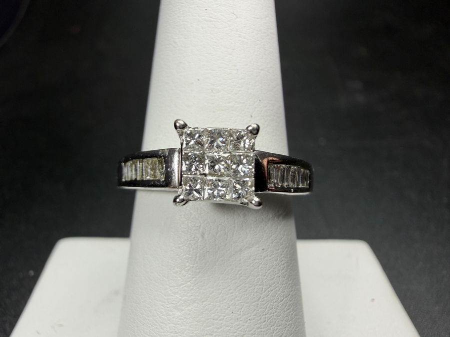 Just Added - Women's 14K White Gold Princess Cut Diamond Cluster Ring With Channel Set Baguette Shoulders Size 7.25 Total Weight 4.0g [Photo 2]