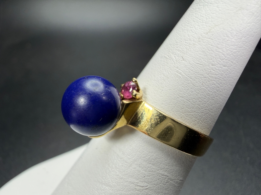 Just Added - Vintage Womens 14K Yellow Gold Ring Spherical Lapis Lazuli Cabochon Marquise Cut Pink Tourmaline Accent Size 6 Total Weight 3.3g [Photo 5]