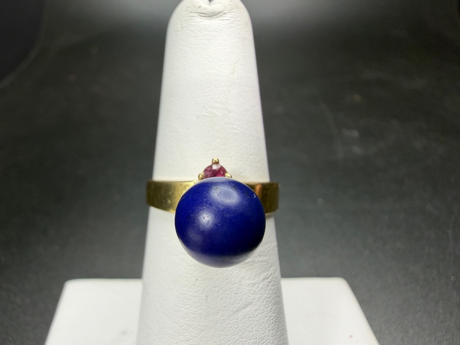 Just Added - Vintage Womens 14K Yellow Gold Ring Spherical Lapis Lazuli Cabochon Marquise Cut Pink Tourmaline Accent Size 6 Total Weight 3.3g [Photo 3]
