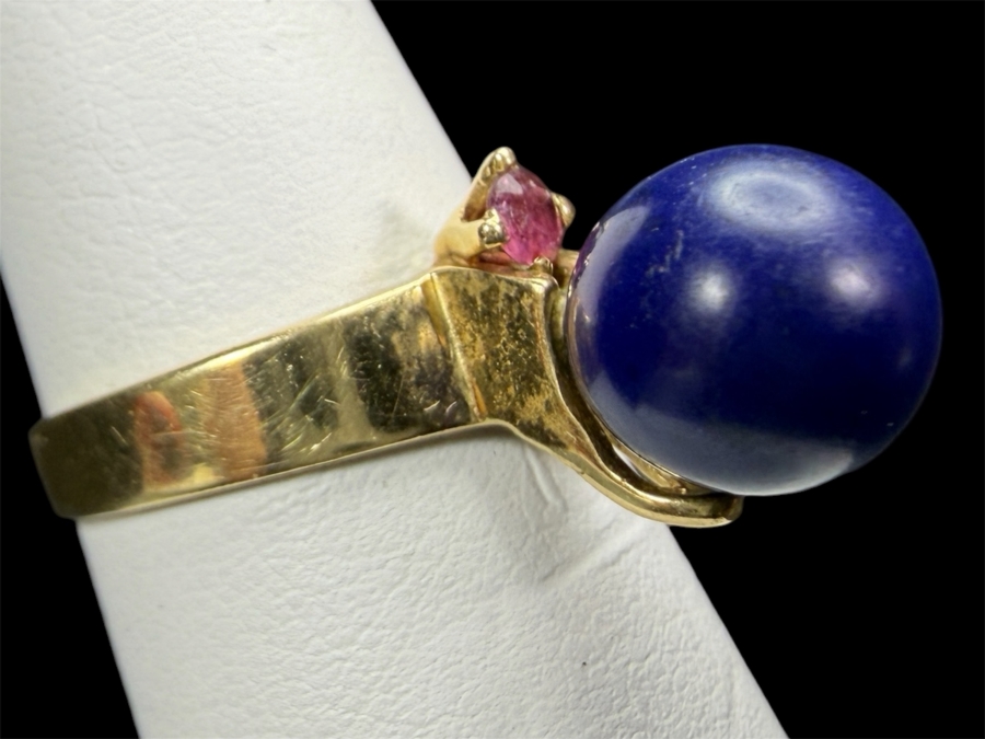 Just Added - Vintage Womens 14K Yellow Gold Ring Spherical Lapis Lazuli Cabochon Marquise Cut Pink Tourmaline Accent Size 6 Total Weight 3.3g